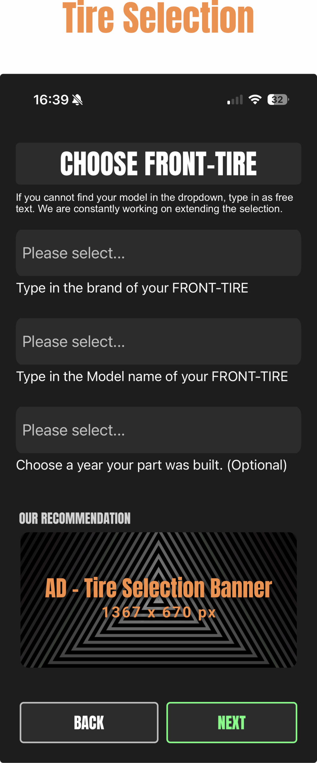 Tire selection advertising placement preview in the SAGLY app